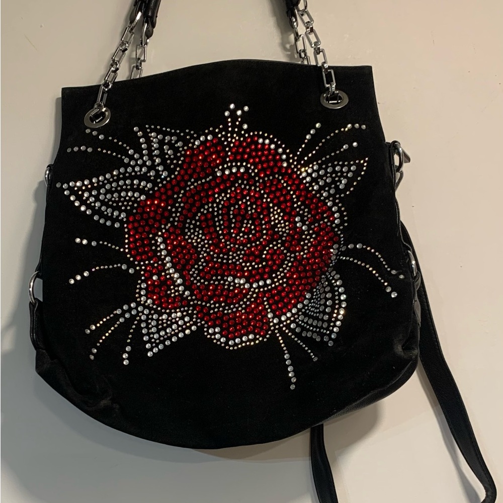 Black and Red Rose Embellished Suede and Leather Bag
